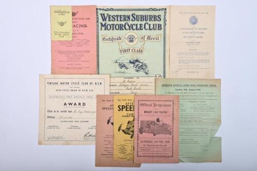 VINTAGE MOTOR CYCLE: A group of vintage motor cycle literature. Official Programme and Awards. Reg Challenger award for participating in Australia's First Vintage Trial 1955