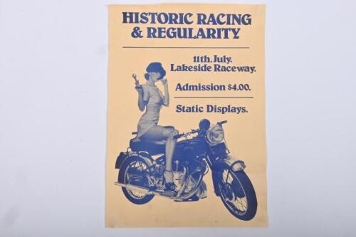 LAKESIDE: An original advertising poster for the "Historic Racing and Regularity" race, featuring a Chiko Roll style lady on a motorcycle,&nbsp;11 July, 42 x 30cm