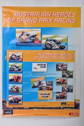 GRAND PRIX: Two&nbsp;2004 Australia Post advertising posters for stamps, featuring "Australian Heroes of Grand Prix Racing", largest 84 x 59.5cm