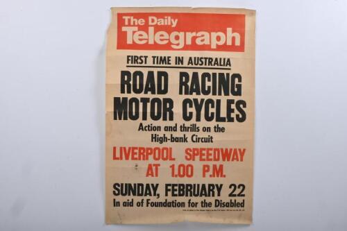 LIVERPOOL SPEEDWAY: An original newspaper advertising poster for the The Daily Telegraph featuring an announcement "First Time in Australia, Road Racing Motor Cycles"