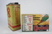 REDEX/CASTROL: A period Redex 1 gallon oil tin, with modern Wakefield Castrol tin sign.