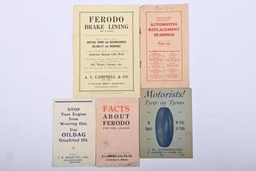 AUTOMOTIVE PARTS: A collection of early automotive parts brochures and price lists. 1927 SKF AUTOMOTIVE REPLACEMENT BEARINGS Price List & 1927 'Motorists! Tyres on Terms - J.M. CUNNINGHAM' Price List