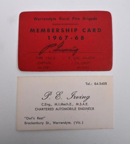 PHIL IRVING: Two items related to Phil Irving. Phil Irving business card & Warrandyte Rural Fire Brigade Membership Card
