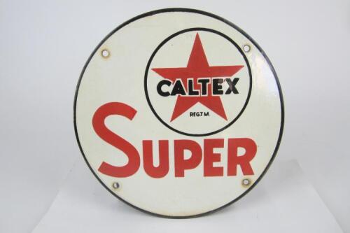 CALTEX: An early 'Caltex Super' enameled red and white sign.