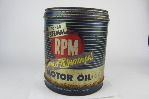 RPM: A large 4 gallon drum of '10-30 Special RPM Motor Oil'