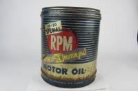 RPM: A large 4 gallon drum of '10-30 Special RPM Motor Oil'