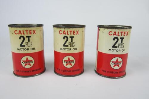 CALTEX: Three sealed 'Caltex 2 T Plus' motor oil cans for 2-stroke engines.