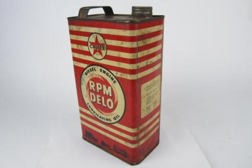 CALTEX: A 'Caltex RPM Delo Lubricating Oil' five litre oil can, with screw lid.