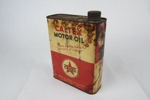 CALTEX: A 'Caltex Motor Oil - SAE 50' oil can, with screw lid; French text.