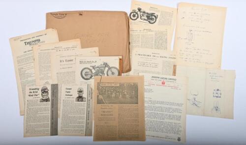 IRVING/MOTORCYCLE PERFORMANCE: A collection of documents pertaining to motorcycle performance. Calculation sheets by Phil Irving, one depicting fuel pump as driven of camshaft