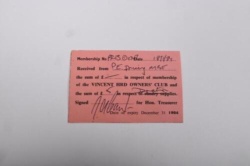 IRVING/VINCENT HRD: Two&nbsp;original 1984 VINCENT HRD OWNER'S CLUB membership cards belonging to Phil and Edith Irving