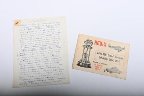 IRVING/REDEX TRIAL: Two documents relating to the Redex Trials. Hand written recollection of the Redex Trials by Phil Irving