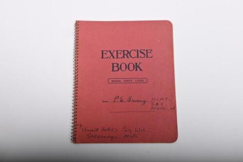 IRVING/EXERCISE BOOK: A burgundy covered Exercise Book with various Phil Irving entries. Circa 1940's