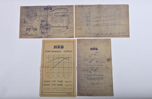 IRVING/VINCENT HRD: Four Vincent HRD&nbsp;documents. Technical Drawings, Chart, Performance Curve. Chart with overall gear ratios for the gears fitted to the Shadow and Lightning boxes, Phil Irving signed hand written notes to reverse