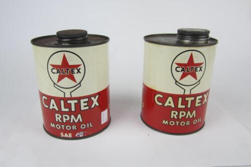 CALTEX: Two 'Caltex RPM Motor Oil' oil cans, S.A.E 30 and S.A.E 40, with screw lids.