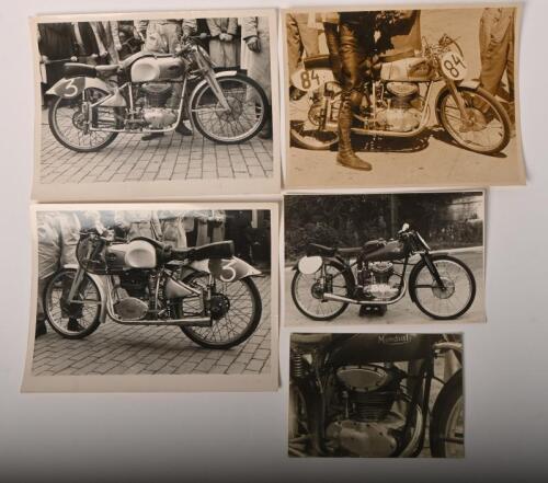 IRVING/MONDIAL: A group of five black and white 1940's/1950's Mondial motor cycle pictures. Phil Irving signatures