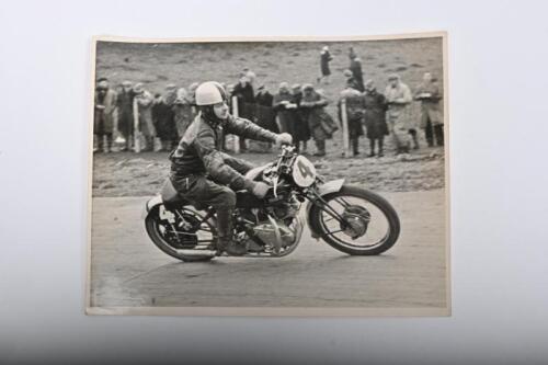 IRVING/GUNGA DIN: A black and white picture of George Brown riding a Vincent HRD at Cordwell, Easter 1947. Depicts first appearance of F10AB/1A/71, later to become known as "Gunga Din"