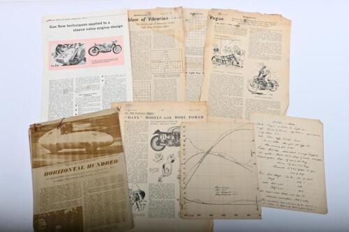 IRVING/MOTOR CYCLE ENGINEERING: A folder housing various articles relating to the Motor Cycle Engineering Series by Phil Irving. D.K.W 2 Stroke calculations and specifications with torque curve hand written and drawn by Phil Irving