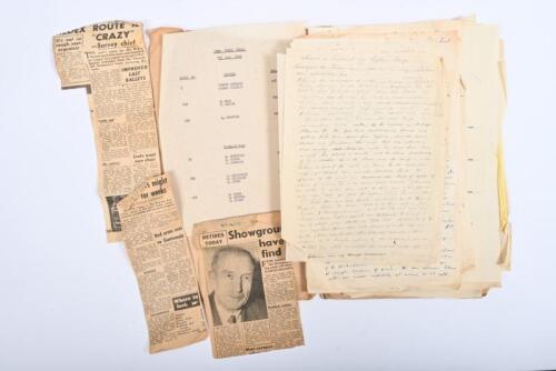 IRVING/1954 REDEX TRIAL: A folder containing documents, letters&nbsp;and handwritten notes by Phil Irving in regards to the 1954 Redex Trial. Handwritten performance reports of the&nbsp;Standard 8 used in 1954 Redex Trial by Irving