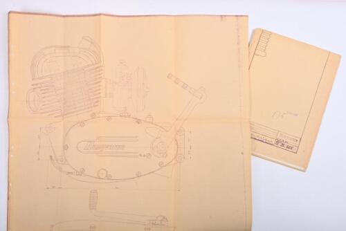 IRVING/HUSQVARNA: Two large Husqvarna die line technical drawings. 1954 'Motor, 175cm3, plansnitt&nbsp;Oljesmorda&nbsp;dubbla&nbsp;ramlager&nbsp;(plan section, Oil Lubricated Double Frame Bearings) & 1956 Motor 175cc Lattmetallcylinder&nbsp;(All Metal Cylinder) technical drawings