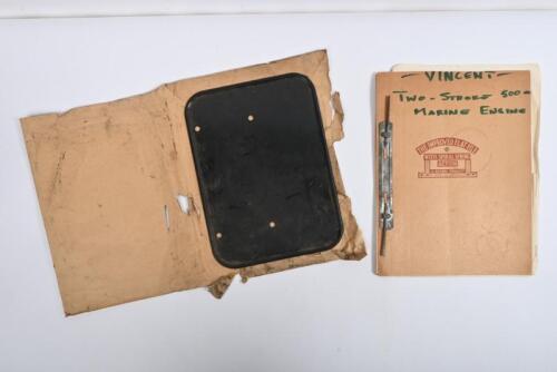 IRVING/MARINE: A SPIRAL SPRING ACTION folder housing information chapters for the Vincent Two-Stroke 500cc Marine Engine from 1952. Hand Written testing schedule hand written by Phil Irving