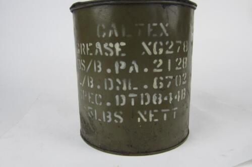 CALTEX: An Amercian army green 'Caltex' grease can with 'Quality Control Inspector' stamp