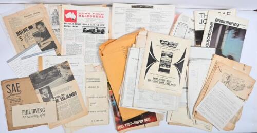 IRVING/REFERENCE MATERAIL: A quantity and assortment of articles, technical papers, newspaper clippings, reference material, mostly relating to automobiles and motor cycles