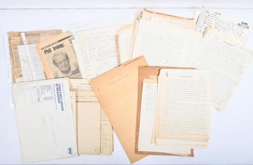 IRVING/TALKS,ARTICLES: A quantity of handwritten pages, typed drafts, mainly concerned with motor cycles, racing cars, etc,&nbsp;as produced by Phil Irving for various talks, contributions for publications