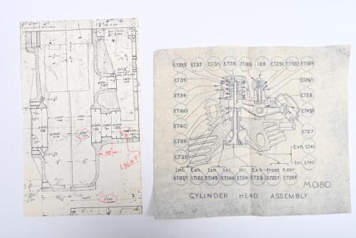 IRVING/VINCENT: Two technical drawings, possibly from Vincent. 'M080' - 'CYLINDER HEAD ASSEMBLY' technical drawing