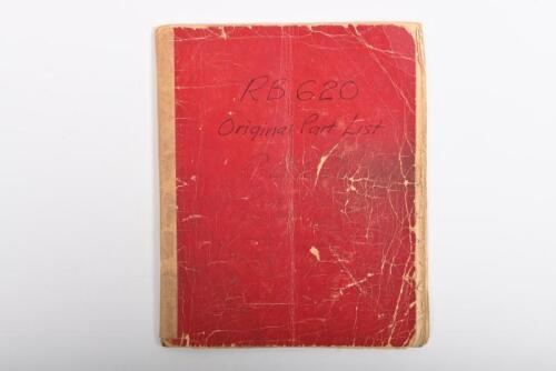 IRVING/REPCO RB 620: A RB 620 Original Part List book with pen entries by Phil Irving and others. Circa 1960's. Used for the Brabham BT19 Formula One car from the 1966 & 1967 Formula One World Championships