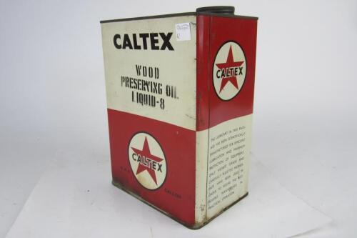 CALTEX: A 'Caltex Wood Preserving Oil Liquid-8' one gallon oil can, with screw lid.
