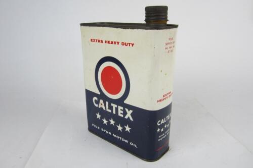 CALTEX: A 'Caltex Extra Heavy Duty Five Star Motor Oil'&nbsp; oil can, with screw lid and French text.