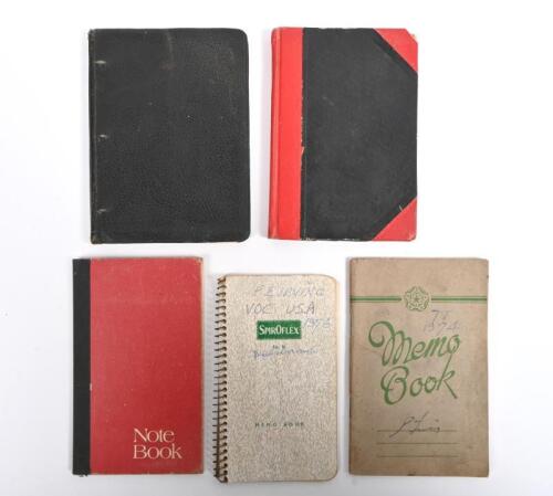 IRVING/NOTEBOOKS: Four note books with entries by Phil Irving. Black notebook with Marine Engine notes, F.I.C.M Sidecar, 'Gunga Redcar' entries, Comet Racer, 'Warton's "Lightning" entries