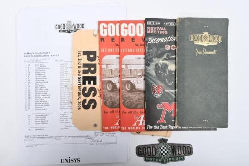 Goodwood Revival Meeting 2006: One folder including, Programs, Goodwood window label, cloth badge, tickets, press passes, and race results. This was the last race meeting that Peter Brock competed in, driving a Holden FX and Chevrolet Corvette.