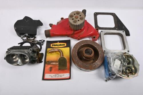 CHEVROLET: One Edelbrock throttle body. One Holley high flow HP main body. Upgrade - Chroma. Part # 134-300C. One Milodon oil pump pick-up for Small Block and Big Block. One water pump assembly 338100. One steel harmonic balancer, two carburettor spacing 