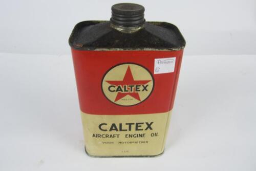 CALTEX: A 'Caltex Aircraft Engine Oil' can. French and Dutch text