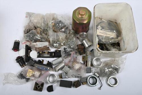 JAGUAR: XJS. One plastic box of XJS parts, including switches, relays, intake flanges, interior lamps. One white bucket of assorted parts. One XJS oil filter.