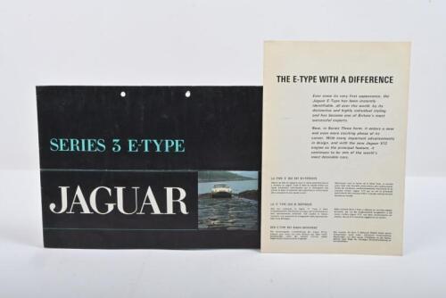 JAGUAR: A Jaguar Series 3 E-Type "With a difference" fold out brochure. A smaller 3 page specification insert. Note: Two punch holes in main folder.