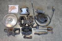 ALFA ROMEO / FIAT: One yellow box containing Alfa 1750 brake calipers and suspension parts. One Fiat hub cap.
