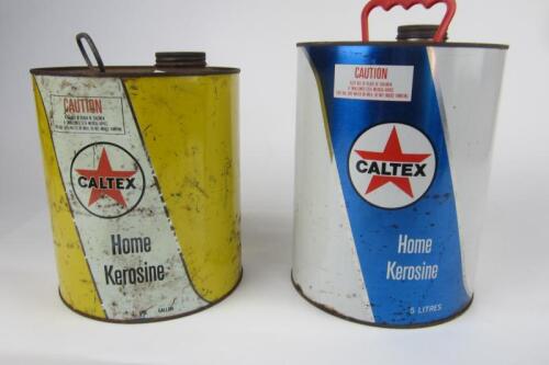 CALTEX: Two 'Caltex Home Kerosine' tin cans in blue and yellow stripes