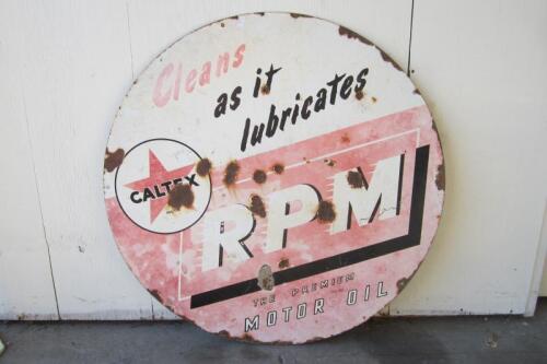 CALTEX: A large circular Caltex RPM enamel sign. 90cm diameter
