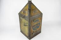 GAMAGES OIL TIN: A rare and impressive 5 gallon, 4 panel 'Gamages' pictorial oil tin, featuring land, air and sea motifs