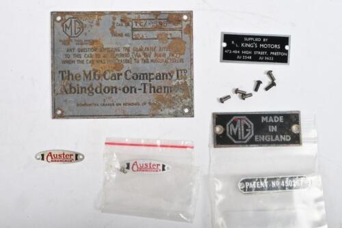 MG: MG TC plates. One MG TC 9695 body plate. One MG Made in England plate. Two patent plates. One Kings motors plate. Two Auster Birmingham plates.