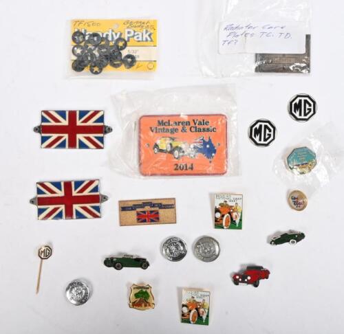 MG: MG plates. Two Union Jack flag bonnet plates. Two "T SERIES" radiator core plates. Three King of the road parking lamp badges. Two black and white MG badges. Ten assorted rally badges