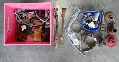MG PARTS: One pink box of assorted parts including copper lead, accelerator pedals, brake hose, taco cable, battery leads, water pump pulleys, water pumps, head lamp bracket, brake cylinders, rubbers.