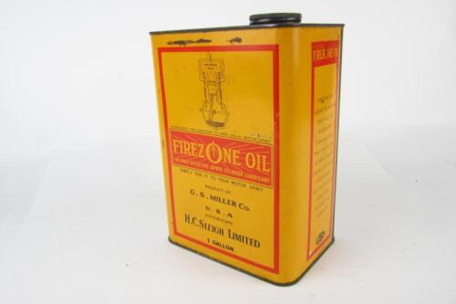 FIREZONE: A 'Firezone Oil - The Only Effective Upper Cylinder Lubricant' 1 Gallon tin can by G.S. Miller Co. U.S.A