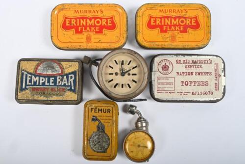 MICHELIN: One Femur Michelin tyre gauge in original tin with paper instructions in lid. One Smith's brass auto clock circa 1930's. Three tobacco tins. One On his Majesty's Service toffee tin.