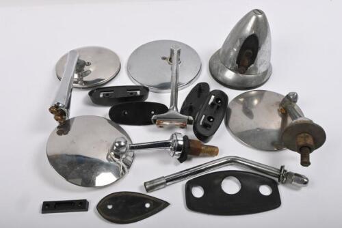 EXTERIOR MIRRORS: Three round spoon style mirrors, one bullet mirror, four assorted plastic mounting plates