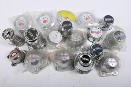 WHEEL CAPS: One box of assorted plastic and metal centre caps, including Performance Wheels, American Racing, Elite Wheels, Ally Cat Wheels, ROH. 24 in total.