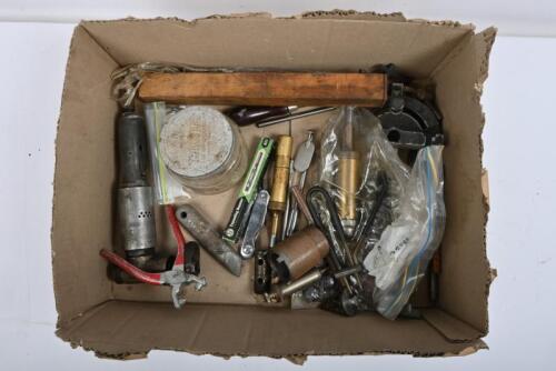 TOOLS: One box of assorted tools including degree gauge, two air gun, two oil guns, primer, scraper, pinchers, hub tool, plumb bob, two measure gauges, two Stanley knives, precision reamer in timber box, Tecalemit oil greaser, vintage mini oiler, an expan